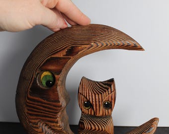 Vintage Owl and Crescent Moon Wooden Wall Hanging. Retro Grandmacore Entryway, Housewarming, Hostess, Gift For A Collector, Celestial.