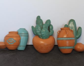 Vintage Succulent and Planters Wall Decor. Burwood Products, Set Of 3, Southwest, Desert Theme, Cactus Lover, Housewarming, Hostess Gift.