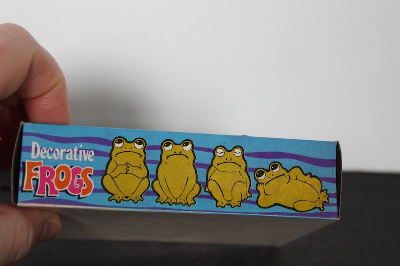 Puede incluir: Una caja con las palabras "Decorative FROGS" en letras rosas y naranjas. La caja presenta cuatro ilustraciones de ranas amarillas en diferentes poses sobre un fondo azul con l&iacute;neas onduladas moradas.
