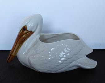 Vintage Pelican Planter. Napco, Ceramic, White and Orange, Rare, HTF, MINT Condition, Nautical Mantel Decor, Succulent Planter, Hostess Gift
