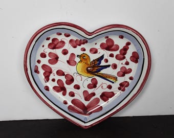 Vintage Yellow Bird and Heart Trinket Dish. Heart Shaped, Maroon and White, Made In Italy, Rustic Grandmacore Vanity Decor, Hostess Gift.