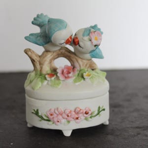 Vintage Bluebird Lovebirds Trinket Box. Bisque Ceramic, Pink Roses, Small Oval Shape, Ring Box, Grandmacore Vanity, Housewarming, Hostess.