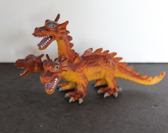 Vintage Dragon Toy Figurines. Set Of 2, 3 Headed Dragon, Hydra, Brown, Orange, Gift For Collector, Grandchild, Dragon Lover Gift, Greek Myth