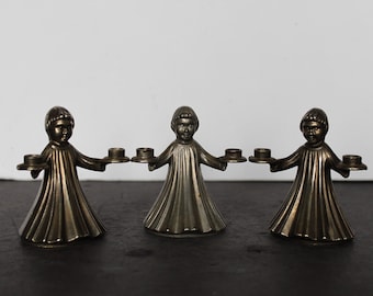 Vintage Metal Girl Miniature Candlestick Holders. Set Of 3, Grandmacore Mantel Decor, Christmas Table Decor, Housewarming, Hostess Gift.