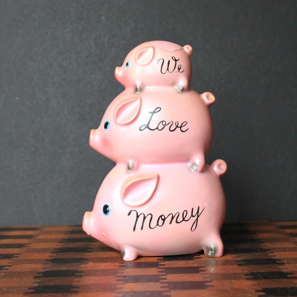 Pink Piggy Bank For Vintage Vanity Decor. DAMAGE! Enesco Stacked Pigs, We Love Money, HTF Gift For Collector, Little Girl Birthday, Shiny.