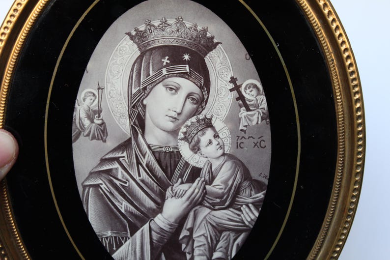 Vintage Our Lady of Perpetual Help Wall Hanging. Brass Oval Frame ...