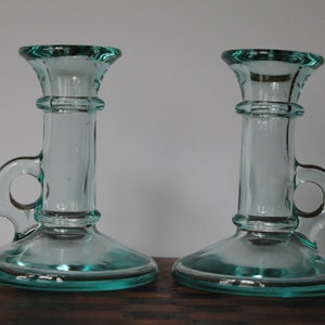 Italian Glass Candlestick Holders For Vintage Elegant Mantel Decor. Set Of 2 Clear, Hollow, Blown Candle Holders. Circle Finger Handle Gift.