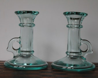 Italian Glass Candlestick Holders For Vintage Elegant Mantel Decor. Set Of 2 Clear, Hollow, Blown Candle Holders. Circle Finger Handle Gift.