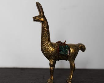 Vintage Brass Llama Figurine. Turquoise Chips Saddle, Peruvian Decor, Exotic Grandmacore Mantel, Housewarming, Hostess, Collector Gift.