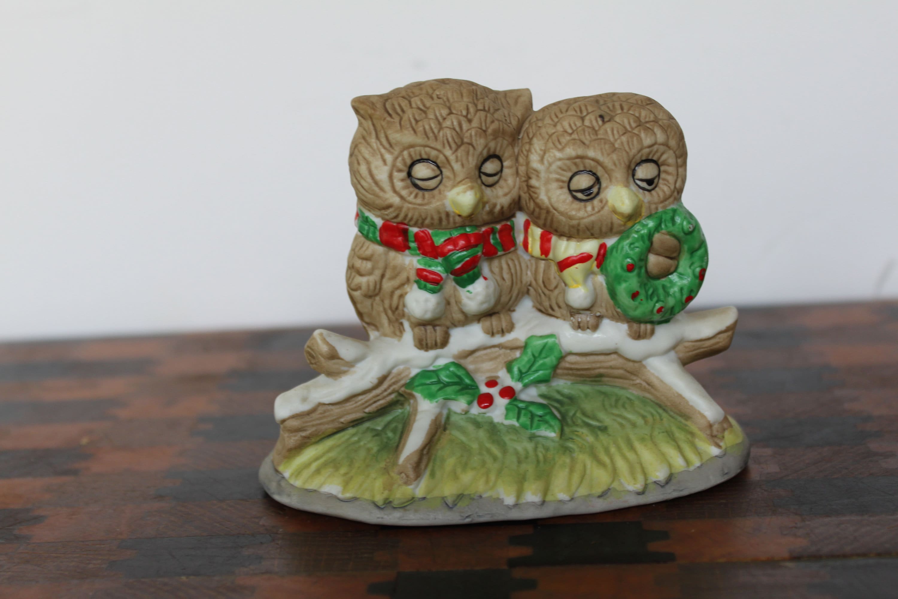 Vintage Christmas Owl Figurine. Cute Ceramic Owl Couple, Cuddling On Branch, Enesco, Grandmacore Ent