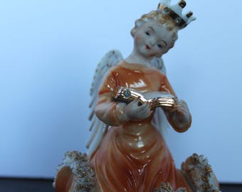 Vintage Angel Figurine In Orange Dress. With Book, Crown, Naudot, Blue Mark, Spaghetti Trim, Rare, HTF, Bougie Grandmacore Christmas Mantel