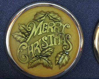 Vintage Merry Christmas Coasters. Set Of 4, In Original Box, Gold Lucite and Brass, Bougie Grandmacore Table Ware, Heavy Weight, Rare, HTF.