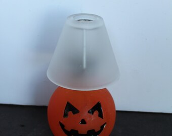 Vintage Jack O Lantern Votive Candle Holder. Glass Pumpkin With Frosted White Glass Shade, Halloween Mantel Decor, Made In Taiwan, Kitschy.