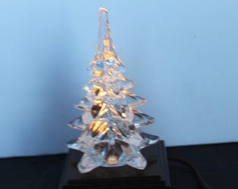 Vintage Christmas Tree Night Light. Clear Glass Tree, Wooden Light Base, Night Light, In Original Box, Andre Richard, Grandmacore Entryway.