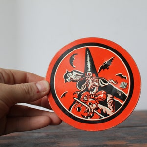 Vintage Halloween Witch Noise Maker. Circle Metal, Spinning Toy, US Metal Toy Mfg Co, Grandmacore Seasonal Decor, Unique Housewarming Gift.