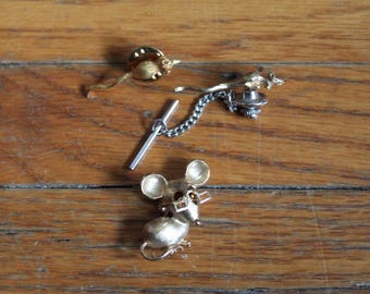 Vintage Mouse Brooch and Pin Lot. Set of 3, Cute Little Gold Tone Mice, Movable Glasses, Kitschy Grandmacore, Gift For A Collector, Hostess.