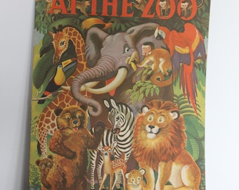 Vintage At The Zoo Picture Book. 1946 Merrill Company, Gift For A Collector, Gift For Grandchild, Colorful Illustrations, Animals Book.