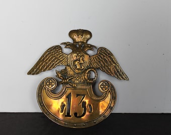 Plaque de casque d'officier impérial russe antique vintage. 13e régiment, Sans pièces jointes, Guerre de Crimée, Unique, Rare, HTF, Cadeau de collection.