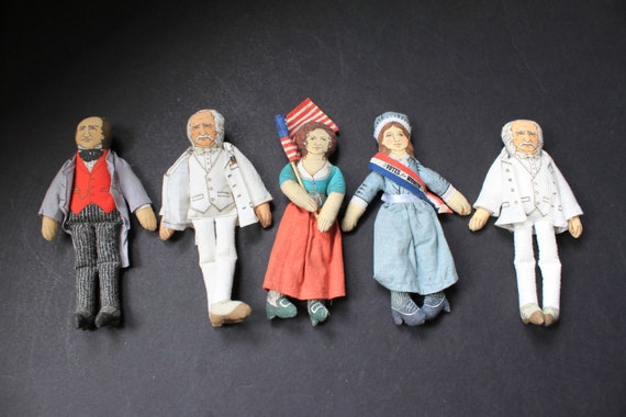 Hallmark Cards Stuffed Dolls For Vintage Historical Decor. Pick From Mark Twain, Susan B Anthony, Molly Pitcher, P T Barnum, Collector Gift