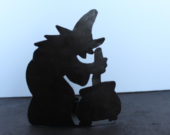 Bougeoir vintage sorcière et chaudron. Découpe en métal, projection d'ombres, ambiance mystérieuse et mignonne, style grand-mère pour Halloween, cadeau d'hôtesse.