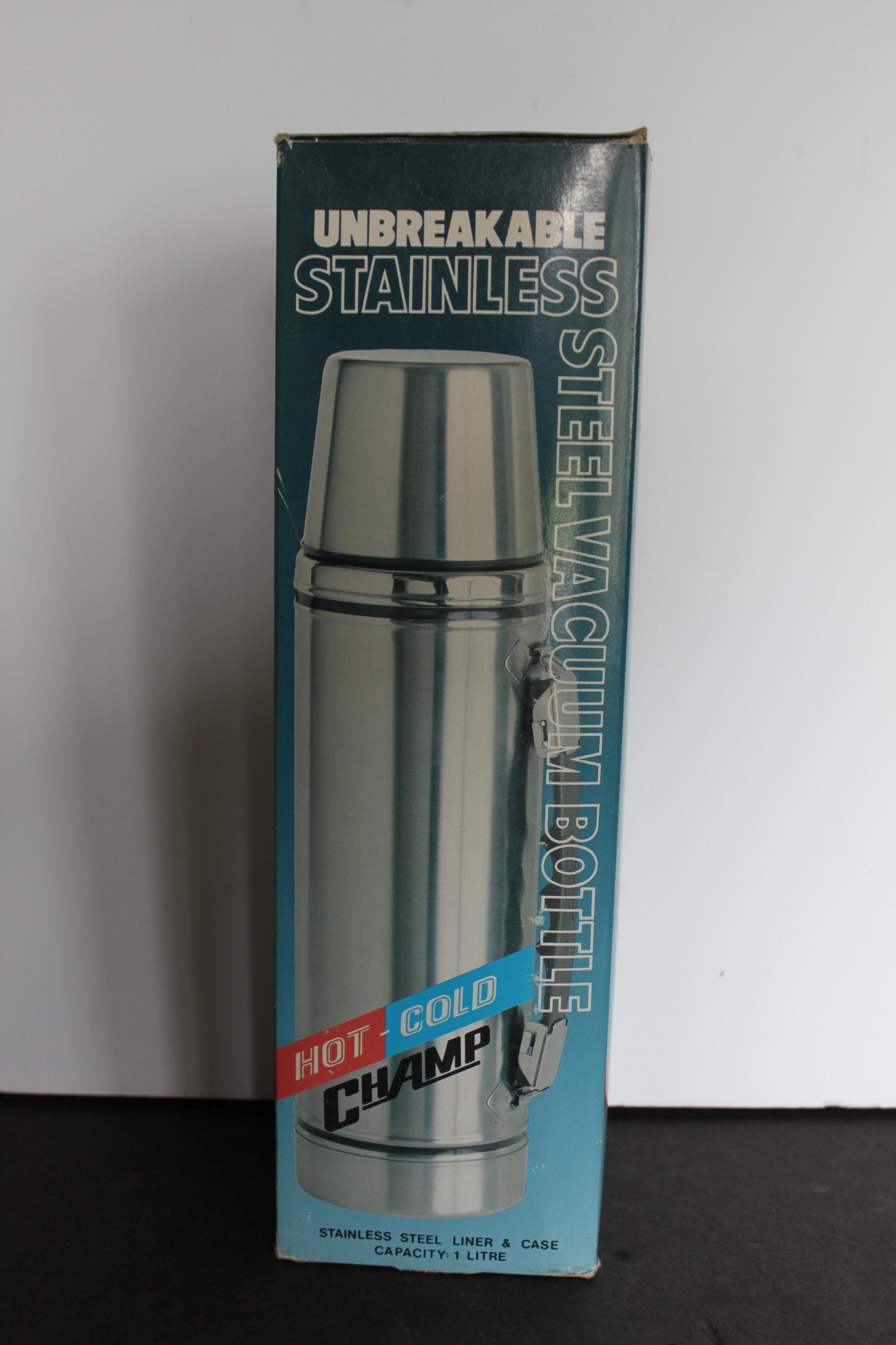 Vintage Unbreakable Hot Cold Champ Thermos. In Original Box, Leslie Power Logo, LIKE NEW, Vacuum Sealed, Gift For Collector, Worker.