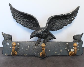 Vintage Eagle Wall Hanging Hooks. Black and Gold, 3 Hooks, Rustic Grandmacore, Chippy Paint, Patriotic Americana, Gift For A Collector, Host