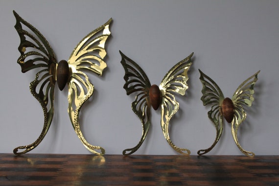 Brass and Wood Butterflies for Vintage Wall Hanging Decor. Large, Medium,  Small, Cut Outs in Wings. Grandmacore, Little Girl Birthday Gift. 