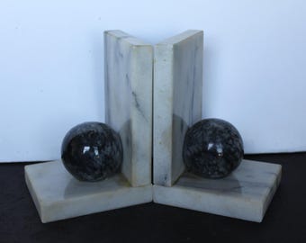 Vintage Marble Sphere Book Ends. White and Black, Minimalist, Modernist Mantel, Housewarming, Hostess, Gift For A Collector, Office Decor.