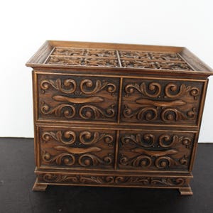 Vintage 1970s Lerner Melville New York Jewelry Box. Faux Wood, Two Drawers, Red Velvet Lining, Ornate Detail, Grandmacore Vanity, Host Gift.