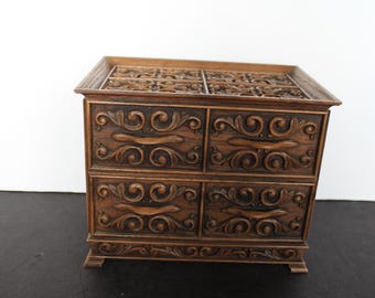 Vintage 1970s Lerner Melville New York Jewelry Box. Faux Wood, Two Drawers, Red Velvet Lining, Ornate Detail, Grandmacore Vanity, Host Gift.