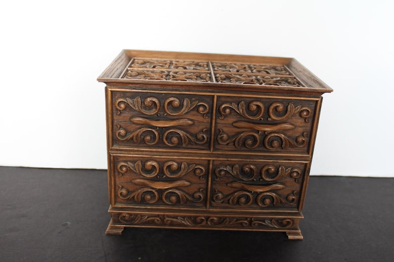 Vintage 1970s Lerner Melville New York Jewelry Box. Faux Wood, Two Drawers, Red Velvet Lining, Ornate Detail, Grandmacore Vanity, Host Gift.