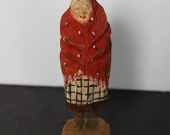 Vintage Wooden Babushka Figurine. Hand Carved, Grandma In Red Scarf, Folk Art Style, Kitschy Grandmacore, Housewarming, Hostess, Collector.