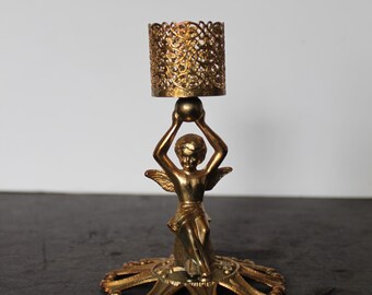 Vintage Golden Metal Angel Candlestick Or Lipstick Holder. Revlon, Grandmacore Vanity, Hollywood Regency, Bougie Mantel Decor, Hostess Gift.