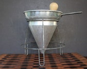 Vintage Aluminum Cone Strainer With Stand. Rustic Grandmacore Kitchen Ware, Wooden Pestle, Jelly Cone Sieve, Housewarming, Hostess Gift.