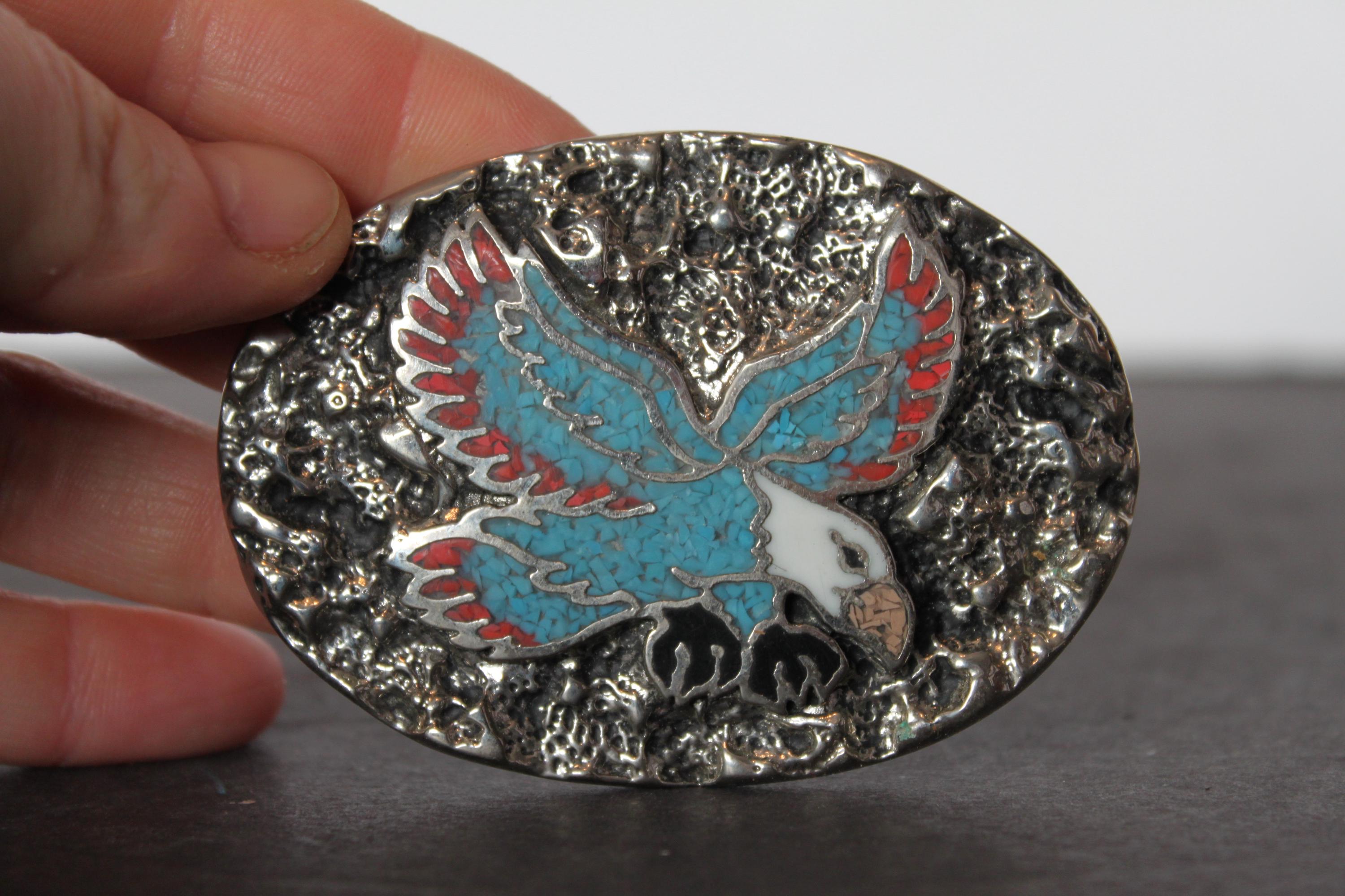 NATIVE AMERICAN BELT BUCKLE WITH BALD EAGLE TURQUOISE AND CORAL STONES S.S.I.88 Ssi Buckle - Etsy main image 2