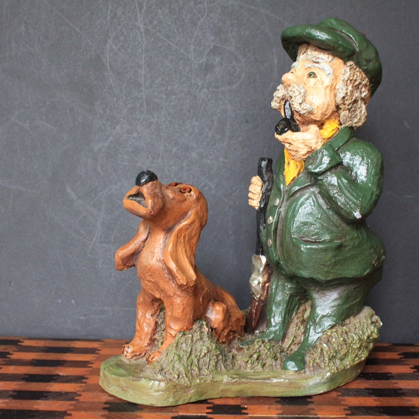 Vintage Hunter And Hound Plaster Statue. Grandmacore Cabin Mantel. Tuscany Studios, M. Roche, 1972, Rustic Large Figurine, Housewarming Gift