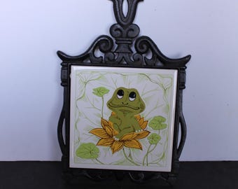 Vintage Neil The Frog Trivet. Cast Iron, Ceramic, Cottagecore Kitchen Decor, Housewarming, Hostess, Gift For A Collector, Rare, HTF.