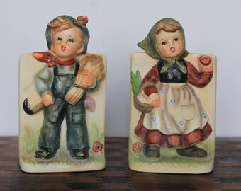 Vintage Boy & Girl Spring Planters. Ceramic Pair, Relpo, Cute Countryside Scenes, Gathering Hay, Picking Apples, Kitschy Grandmacore Mantel.