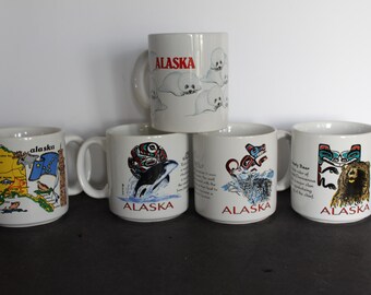 Vintage Alaskan Mug. CHOOSE Pattern, Made In Taiwan, China, Tourist Souvenir, Wild Animals, State Map, Seal, Grandmacore Travel Gift, Host.