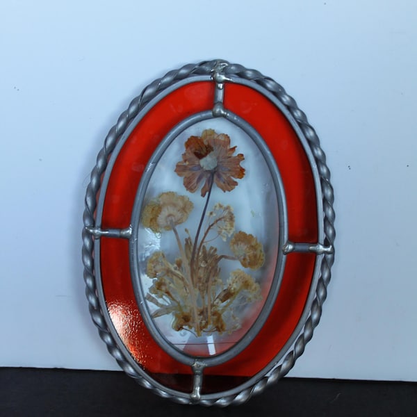 Vintage Pressed Flowers Stained Glass Sun Catcher. Window Sill Sitter, Red and Clear, Oval Shape, Grandmacore Decor, Cottagecore, Host Gift.
