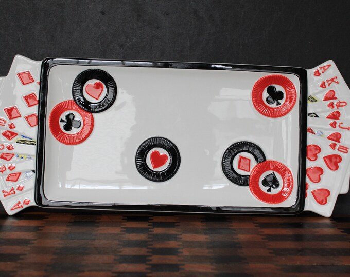 Vintage Fitz and Floyd Game Night Tray. Ceramic Tray W/ Playing Cards