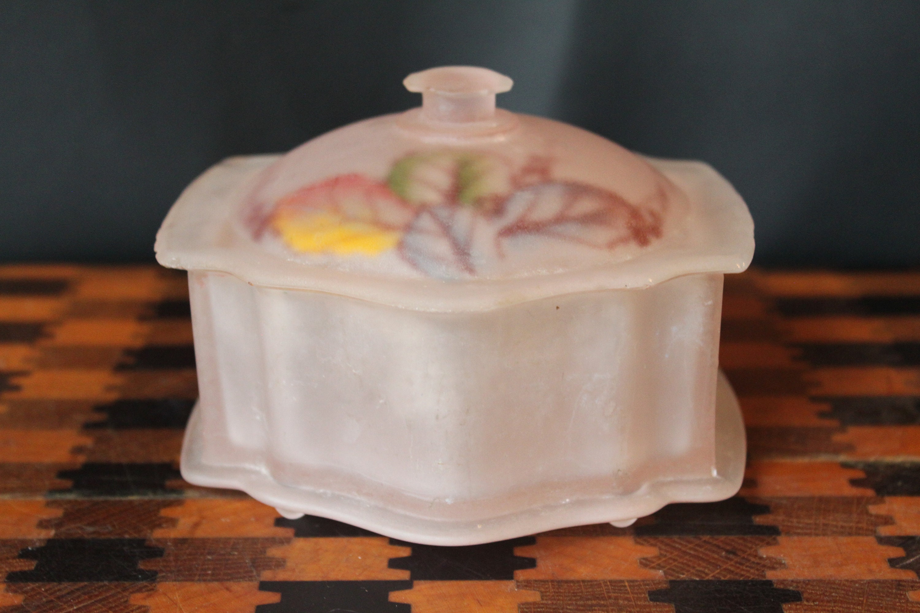 Vintage Pink Frosted Glass Powder Box With Lid and Original Etsy
