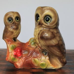 Vintage Brown Barn Owl Figurine. Ceramic Figurine, Mom & Baby Owl On Tree Branch, Rustic Fall Entryway Decor, Grandmacore Mantel Decor Gift.