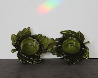 Vintage Green Leaf Votive Candle Holders. Flashed Green Glass, DAMAGE, Autumnal Cottagecore Mantel Decor, Housewarming, Hostess, Tree Lover.