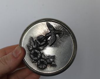 Vintage Hummingbird and Flowers Circle Tin. Fitted Lid, Raised Design, Cottagecore Decor, Stash Container, Housewarming, Hostess Gift.