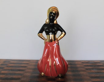 Vintage Harem Dancer Figurine. Mid Century Modern Genie, Red, Gold, Black, Unique, Bougie, Exotic Grandmacore Mantel Decor, Collector Gift.