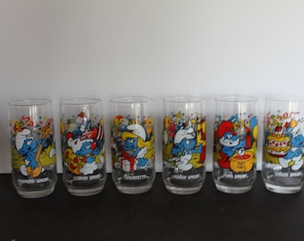 Vintage Smurf Glass. CHOICE, Harmony, Clumsy, Smurfette, Handy, Papa, Baker, McDonalds Happy Meal Toy 1982, Grandmacore Kitchen Ware, Gift.