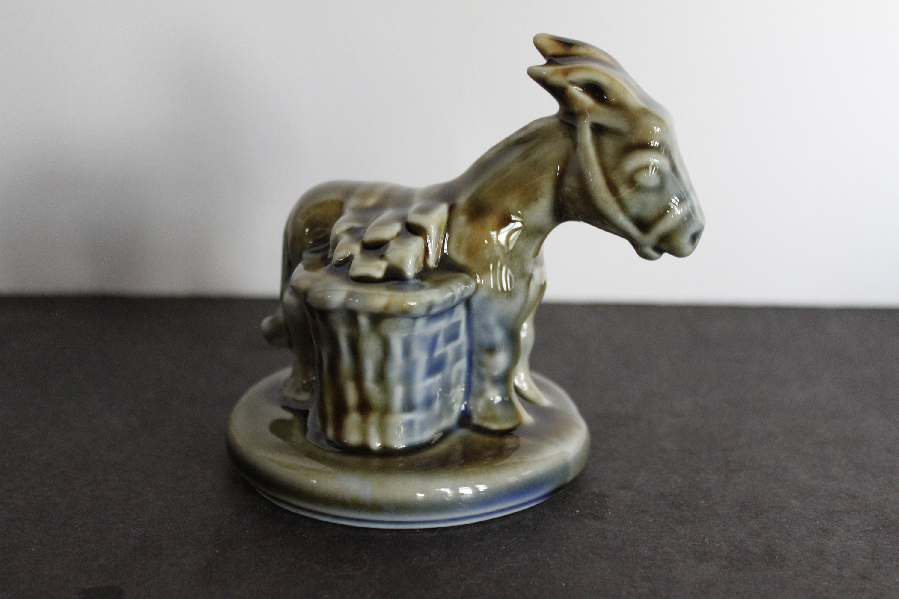 Vintage Wade Porcelain Donkey. Side Panniers, Made In Ireland, Green and Blue Glaze, Unique Grandmacore, HTF, Housewarming, Hostess Gift.