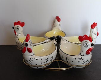 Vintage Chicken Condiment Lazy Susan. Ceramic, Set Of 5, Our Own Import, SLIGHT FLEA BITES, Rustic Grandmacore Serving Ware, Unique, Rare.