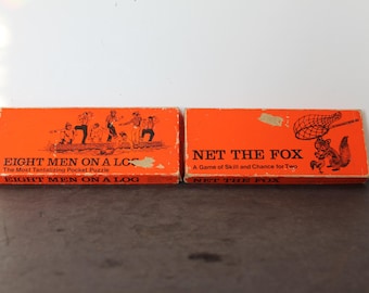 Vintage Travel Board Games. Net The Fox, Eight Men On A Log, Orange and Black, Retro Grandmacore, Box DAMAGE, MISSING PEG, Collector Gift.